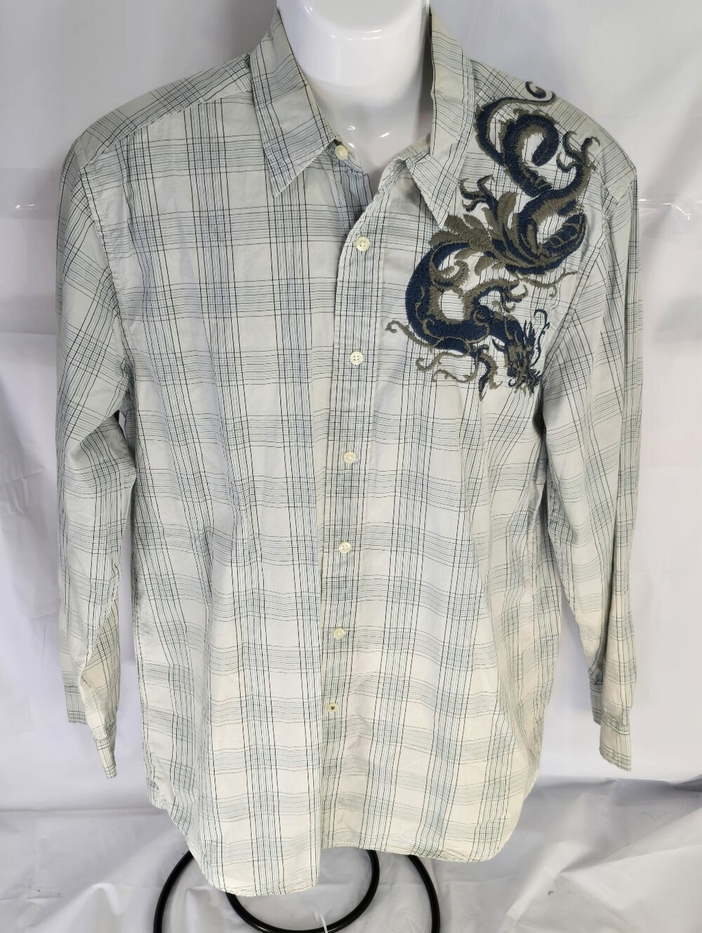Vintage Lucky Brand Men’s Large Dragon Embroidered Plaid Button Up Shirt